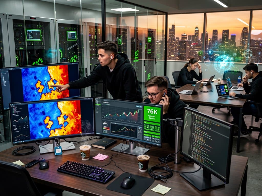 AI lab with monitors showing tokenization heatmaps, crypto charts, and code in modern office overlooking city skyline