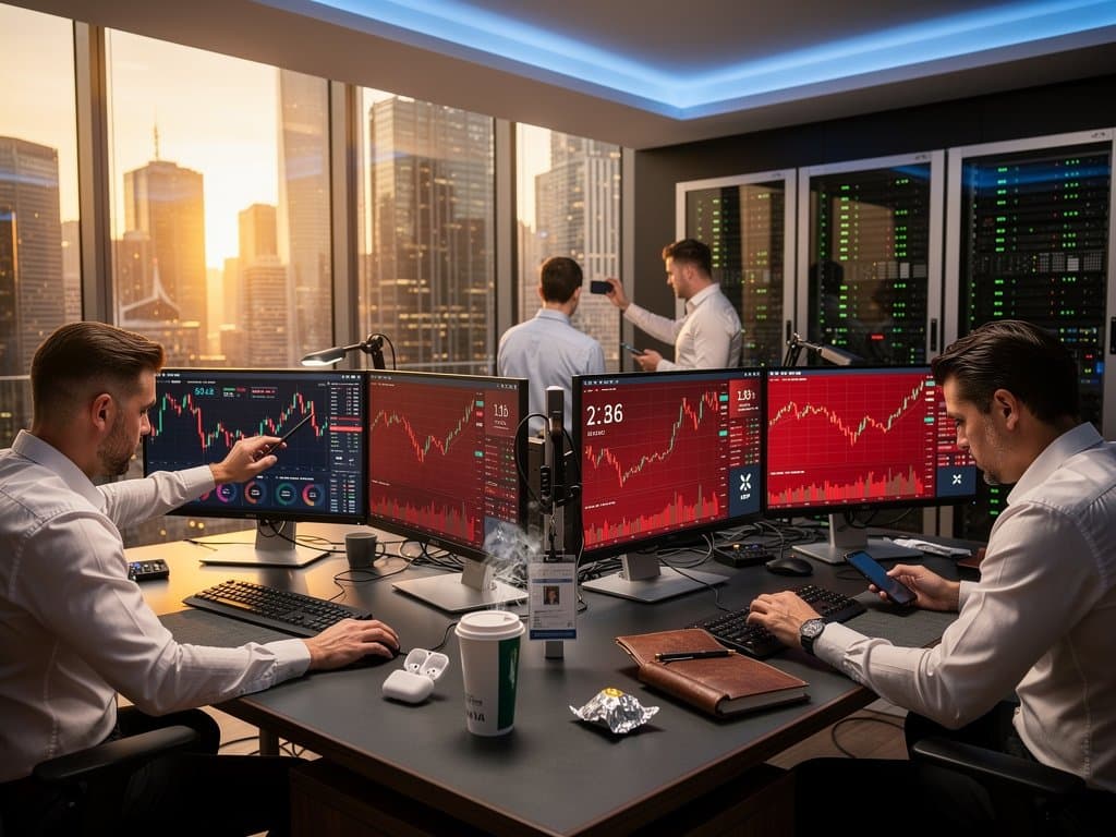 Trading floor monitors display XRP and Solana price charts with Fear & Greed Index amid cybersecurity-focused crypto market data