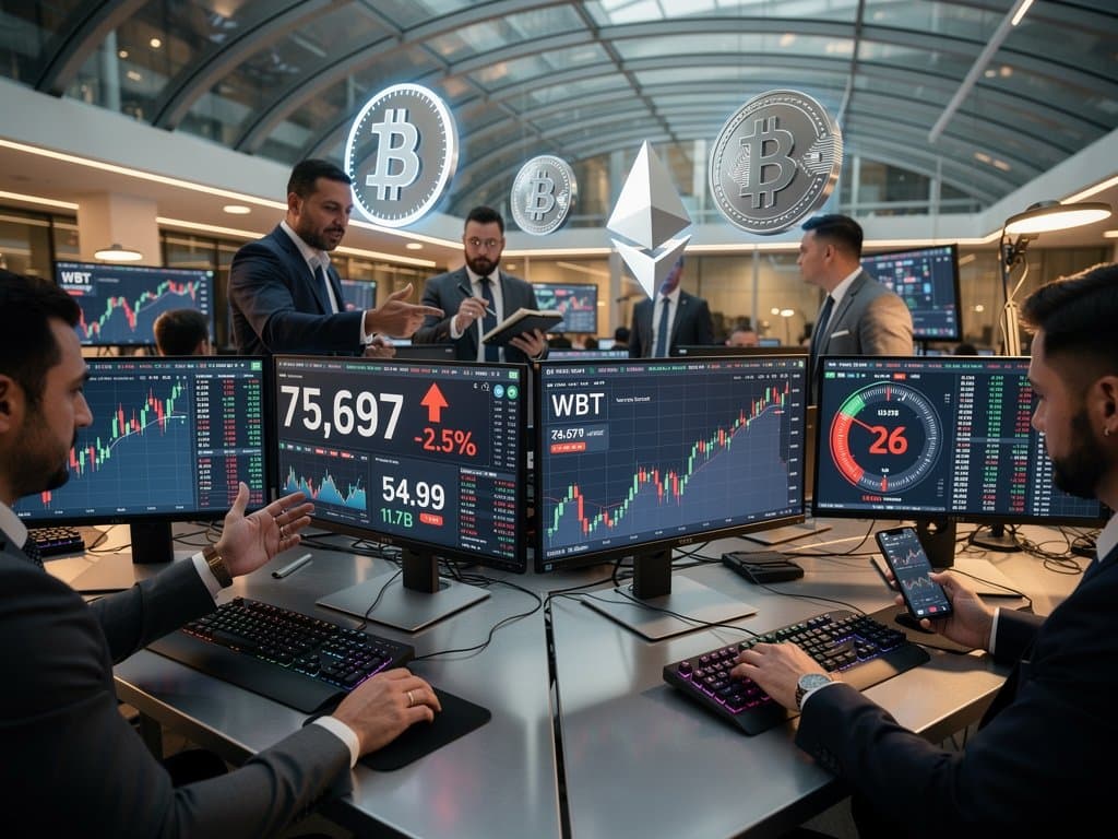 Traders at fintech desks with screens showing Bitcoin at $75k, WBT at $54.99, Fear & Greed at 26 amid volatile charts