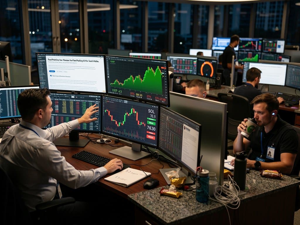 Trading floor monitors display XRP $88B cap lead over SOL charts with Fear & Greed Index amid city skyline