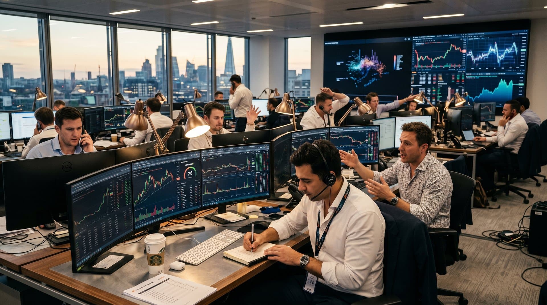 Modern trading screens showing cryptocurrency brokers volume surge, Bitcoin charts, and market data visualizations