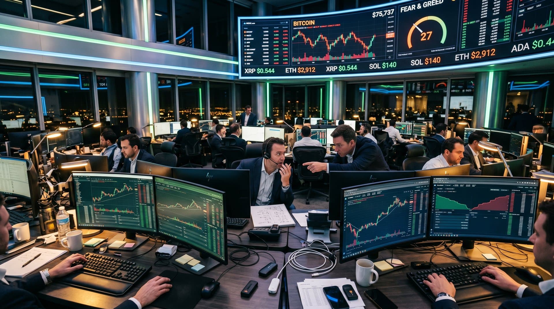 High-tech trading center with crypto charts showing Bitcoin at $75,737 and Fear & Greed at 27