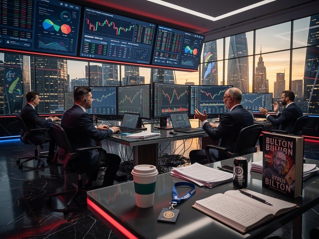 Crypto trading floor monitors displaying BTC $75,604 charts, BNB prices, Fear & Greed Index 27 in volatile market session