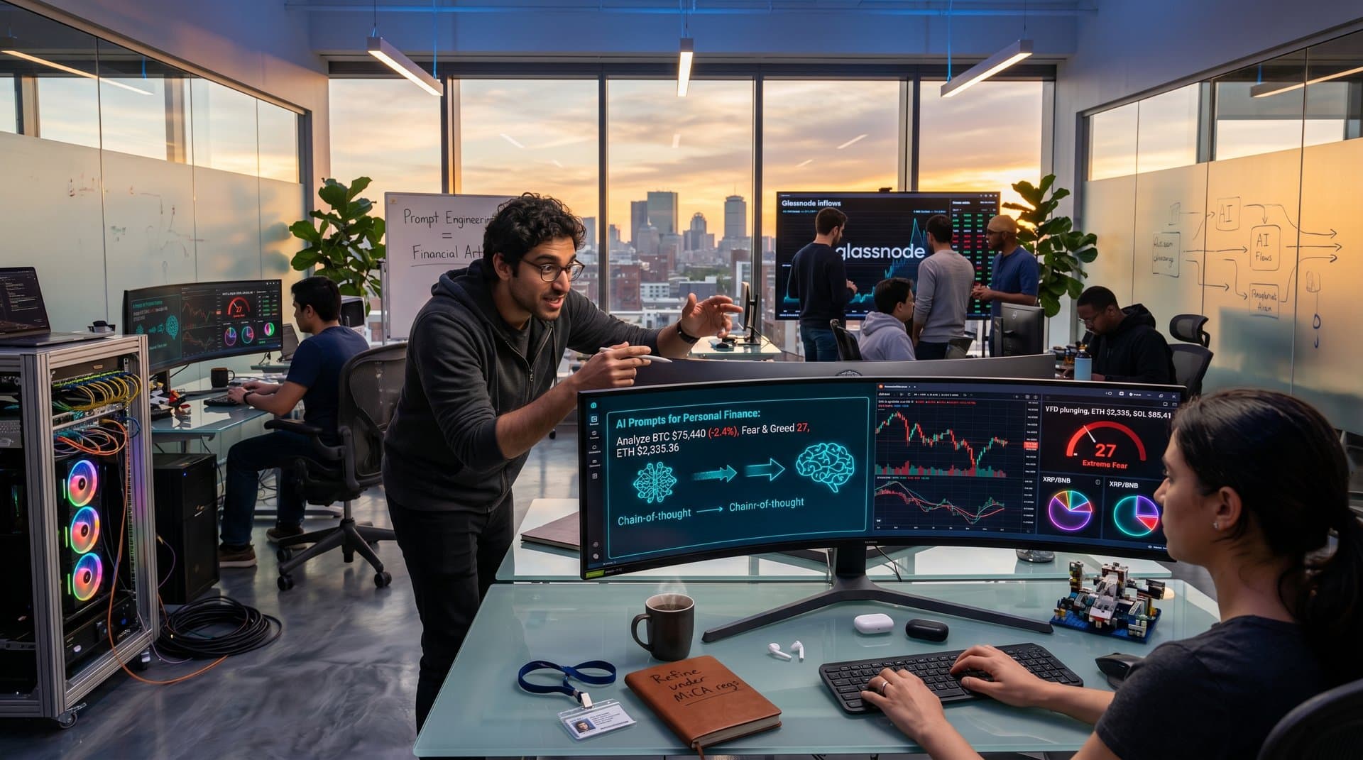 MIT-inspired lab workstations showing AI prompts, financial charts, and crypto tickers in bright collaborative tech-finance space