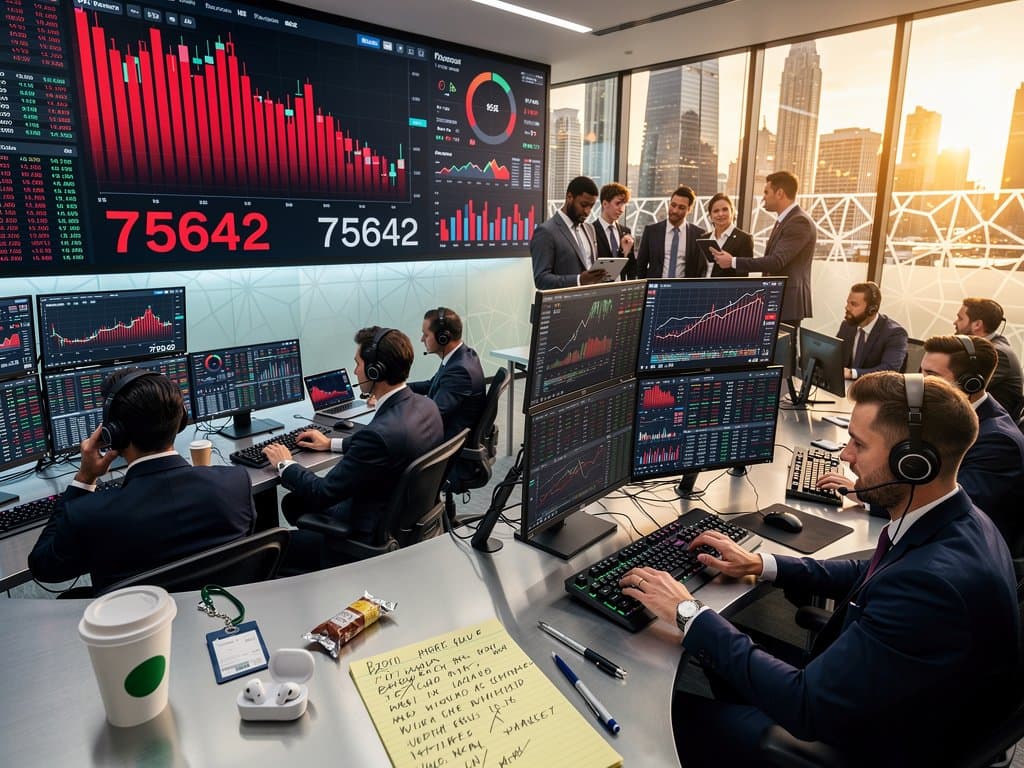 Trading floor with terminals showing Bitcoin at $75k decline, Fear & Greed 27, crypto charts in volatile session