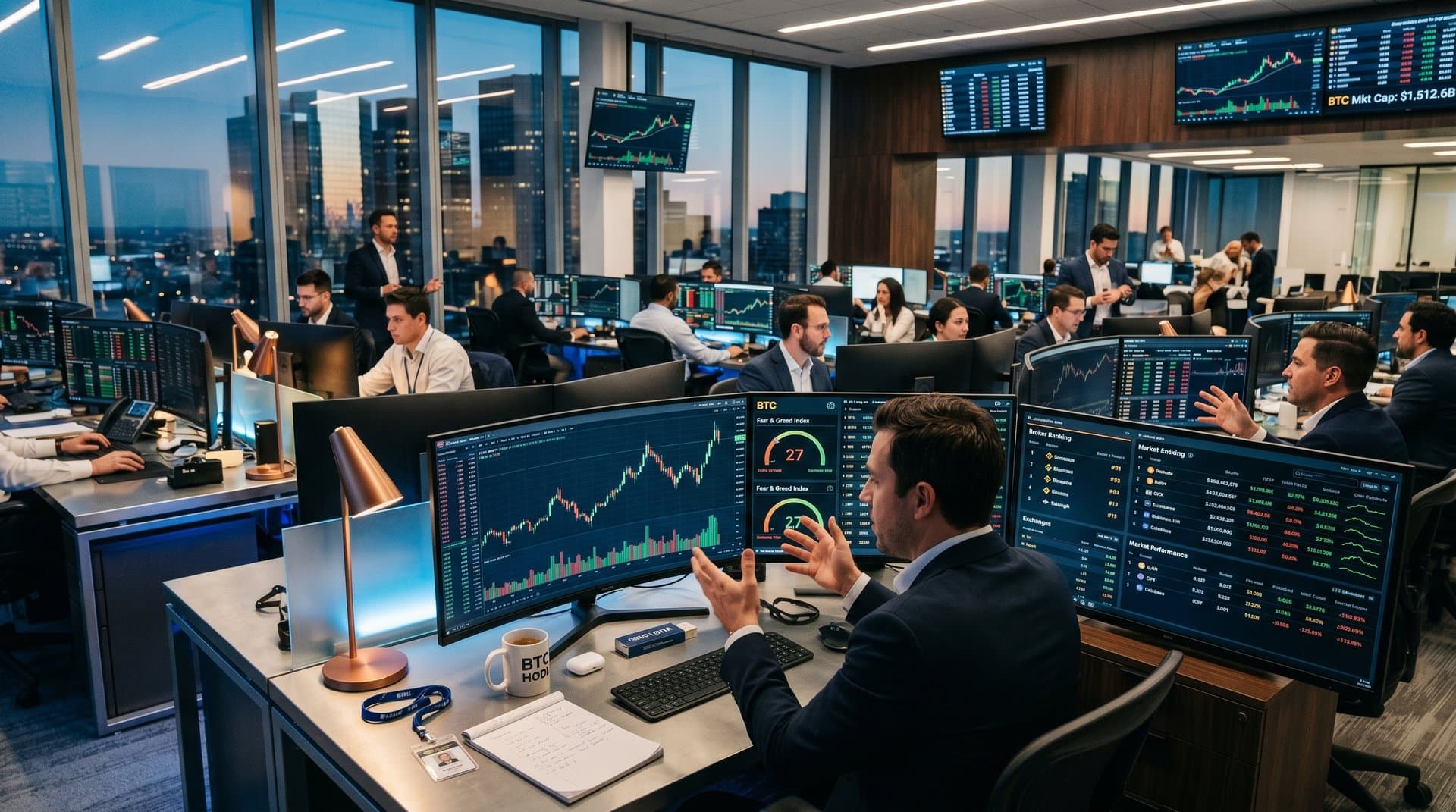 Multi-monitor trading desk showing BTC charts at $75k amid volume surge and Fear & Greed at 27
