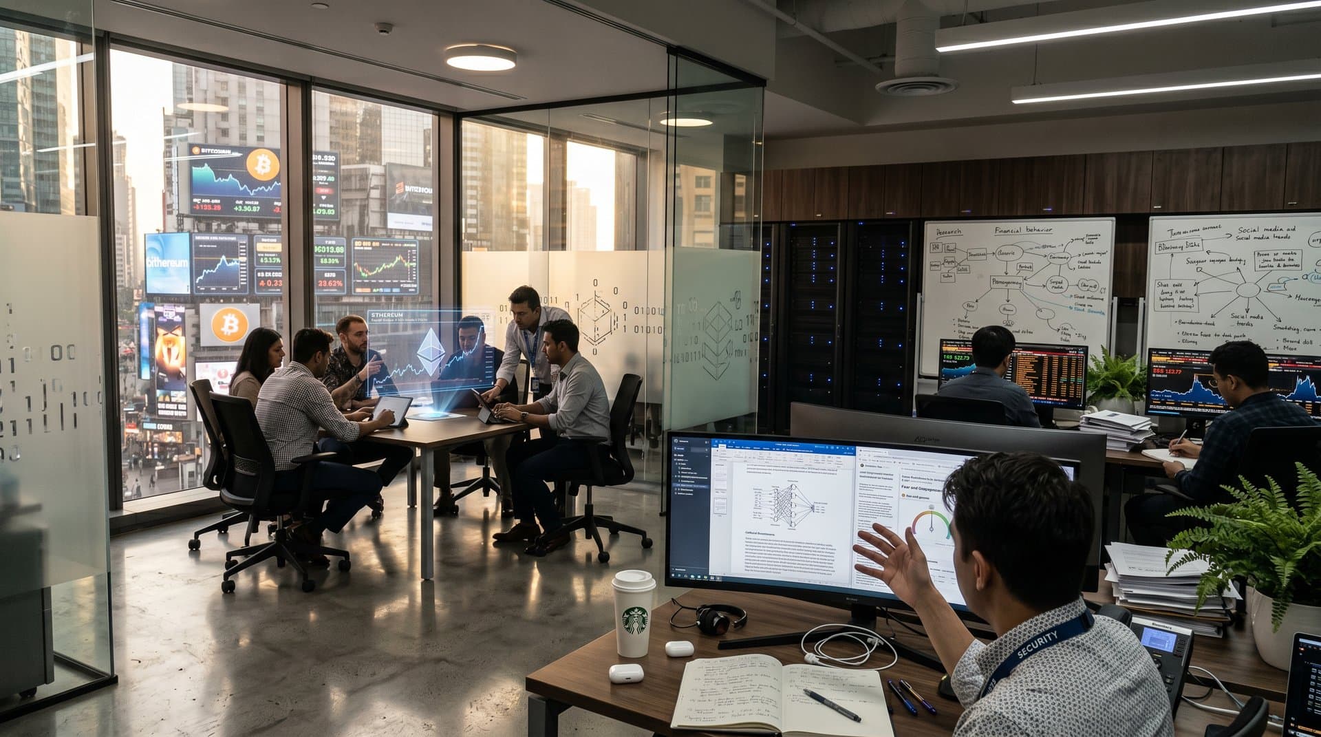 Futuristic AI lab blending Pinocchio cultural analysis screens, crypto charts, coffee mug, and collaborative tech workspace
