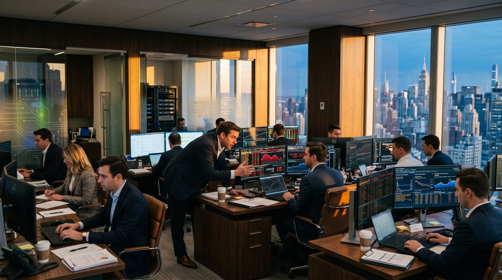 Trading suite monitors display ChatGPT dashboards and red crypto charts amid market fear