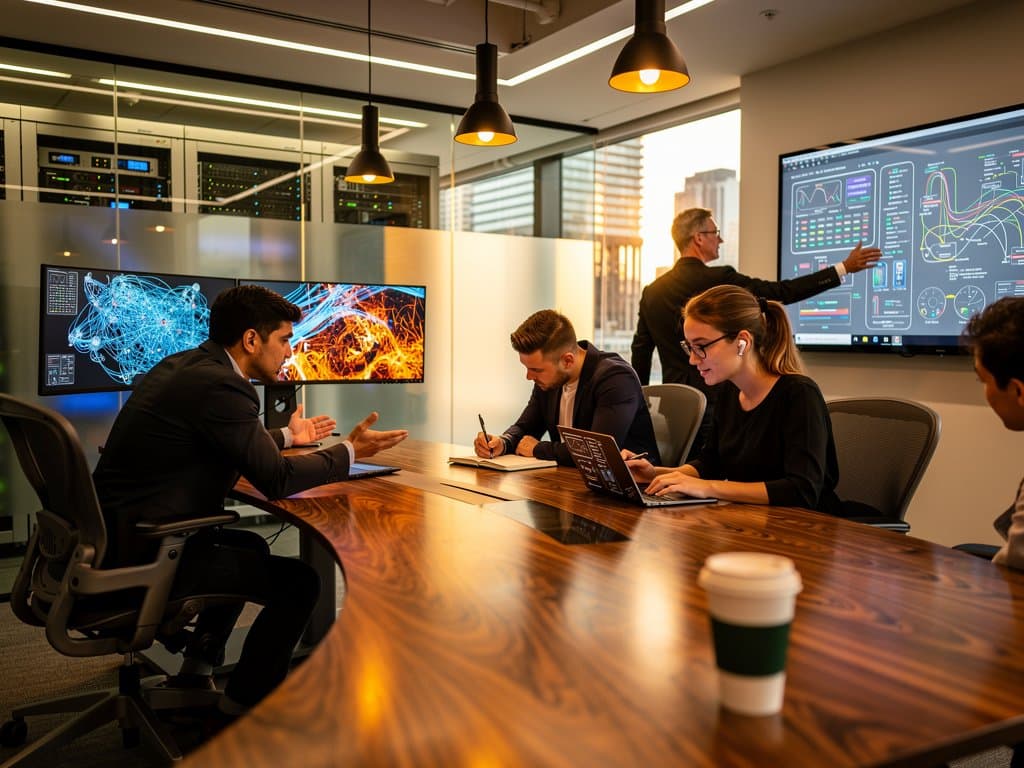Futuristic AI lab with neural network screens, server racks, and high-tech table overlooking city skyline