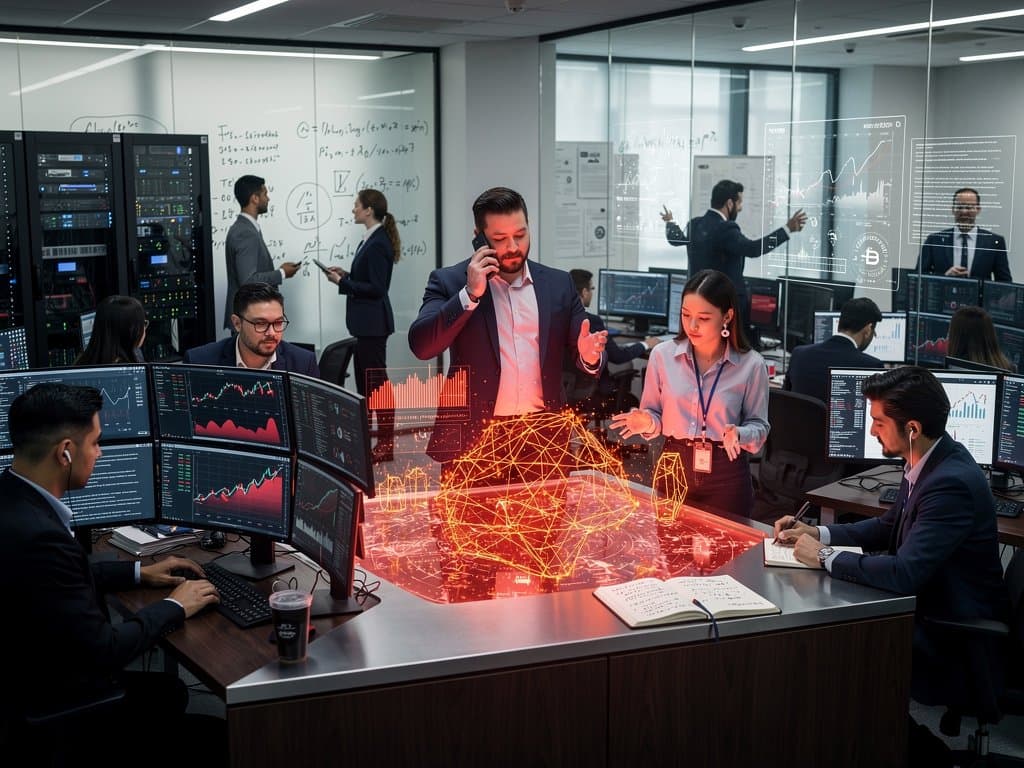 Futuristic trading floor with AI risk charts, crypto prices at BTC $60,982, Fear Index 39, neural networks, ethicists under dramatic lighting