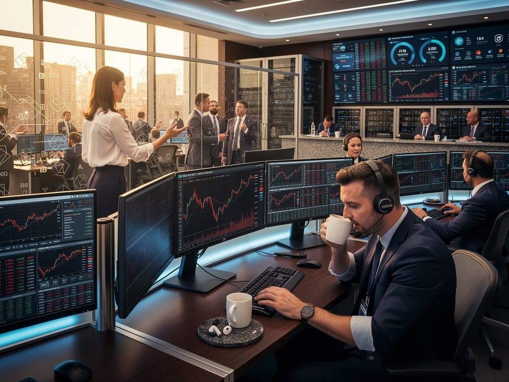 Traders on Wall Street floor monitor crypto charts with BTC at $75K, multiple screens showing Fear & Greed at 27 and BNB price