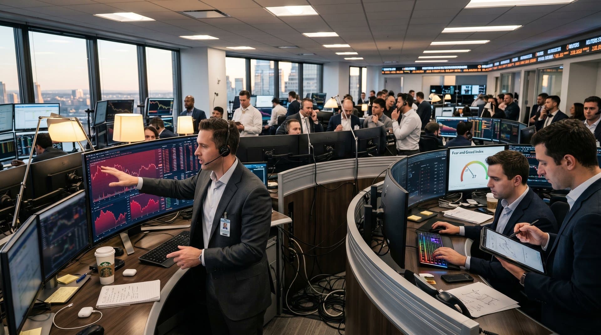 Traders at desks with Bloomberg terminals displaying BTC at $75k and BNB charts under LED lights on busy New York trading floor