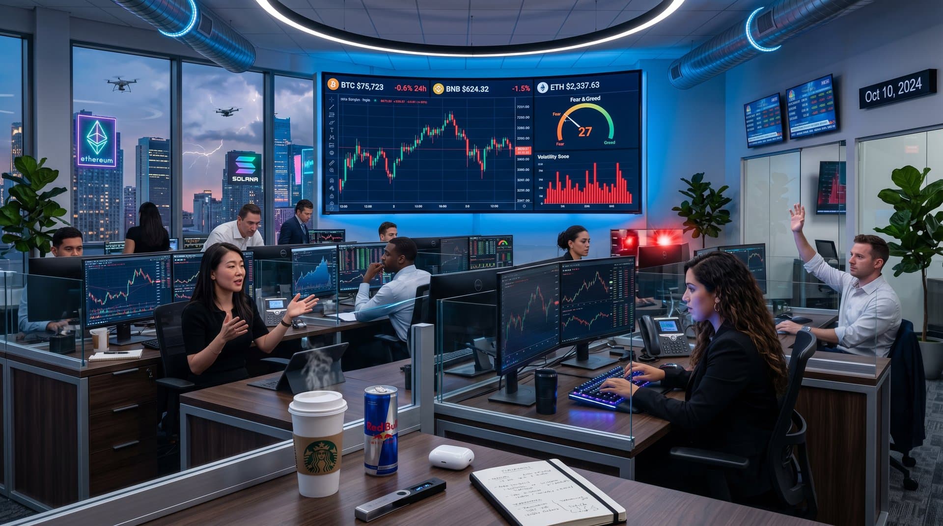 Traders monitor crypto charts: BTC $75,723, BNB data, Fear & Greed Index 27 on screens in trading floor