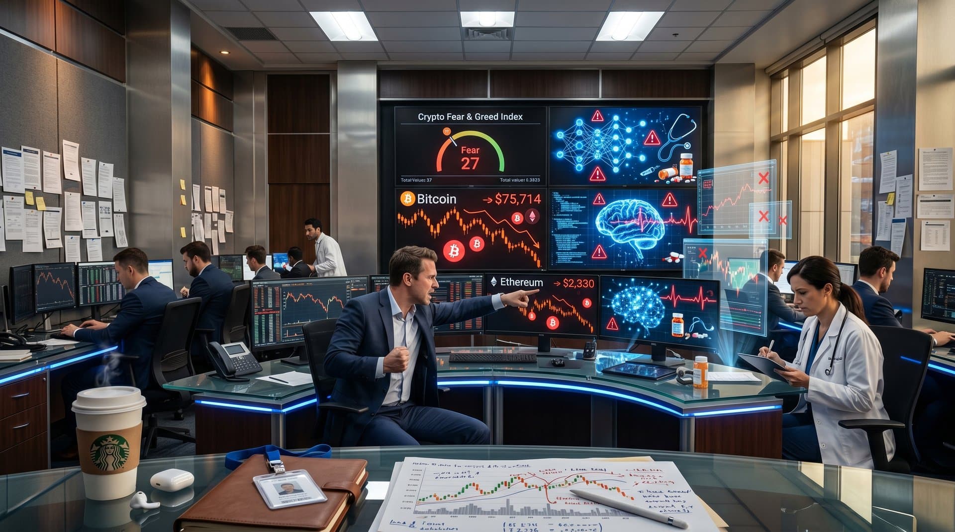 Abstract AI neural networks with health icons, warning signs, and crypto Fear & Greed gauge at 27 on futuristic dashboard