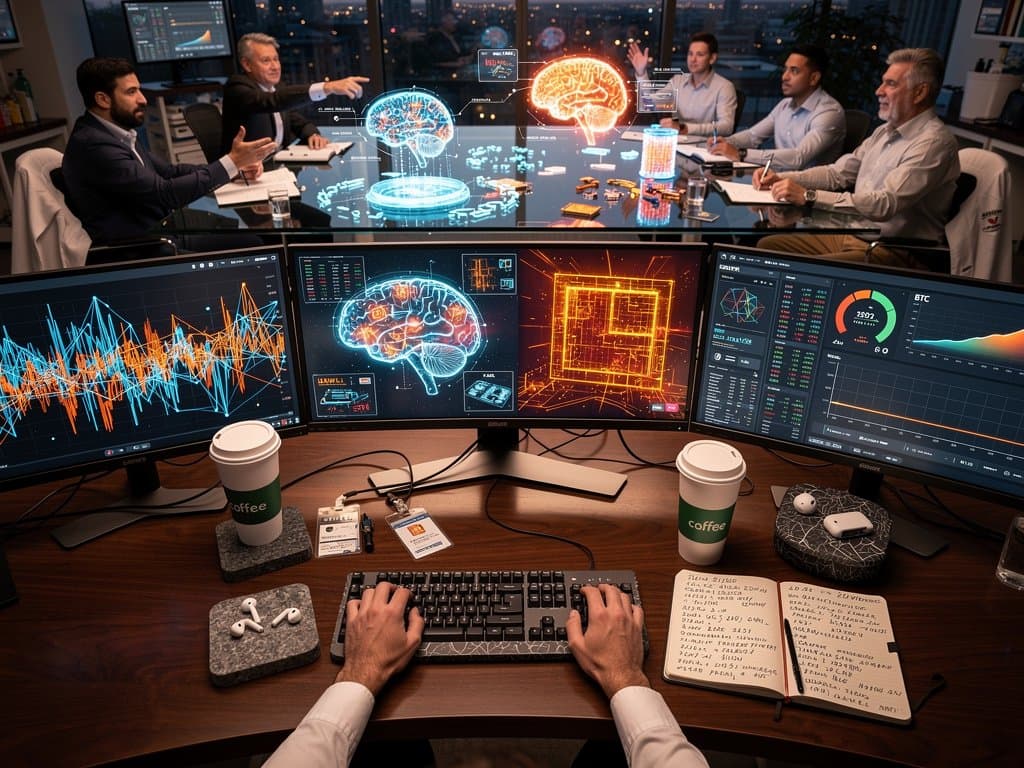 High-tech AI neuroscience lab blending crypto trading with brain efficiency visuals, server racks, and city dusk view