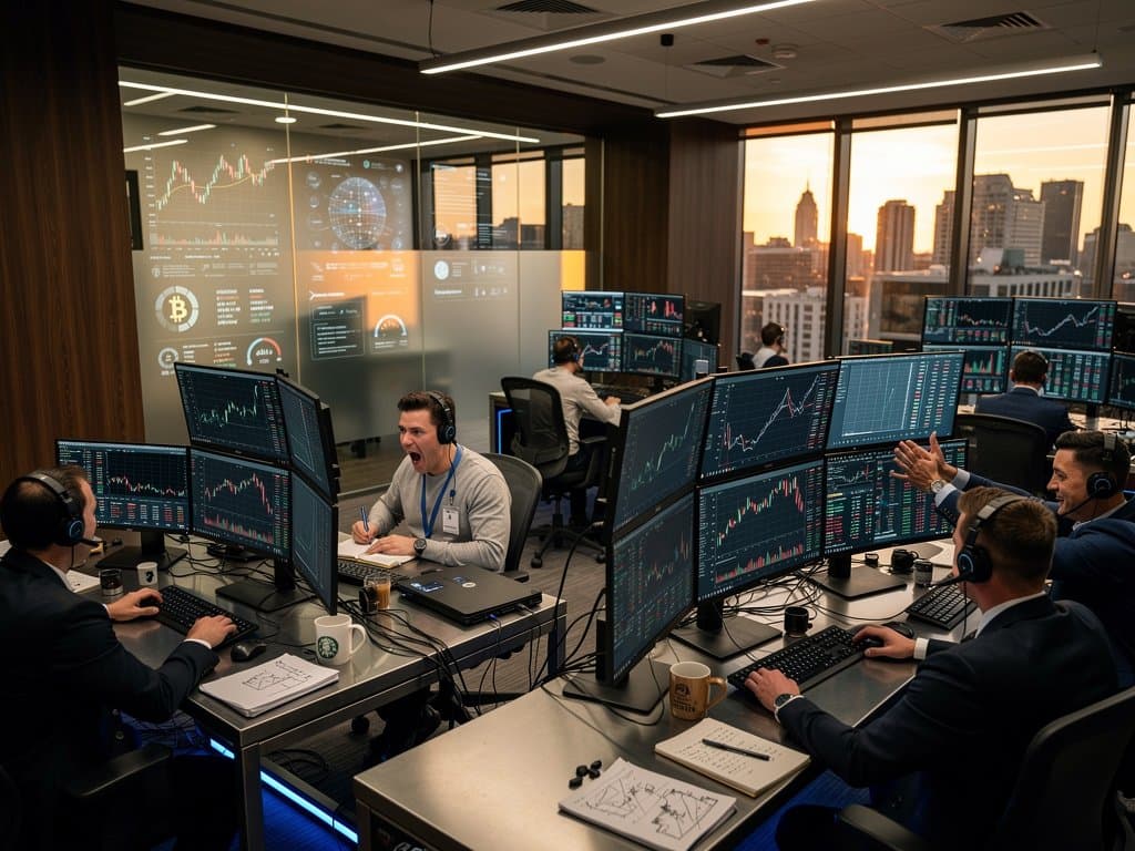 Crypto trading floor with terminals showing BTC at $74K, Fear & Greed 27, BNB charts in high-tech finance environment