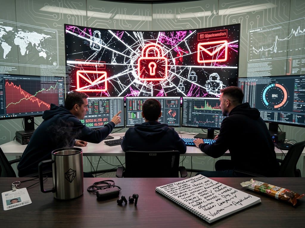 Glitched Notion interface with leaking editor emails, crypto Fear & Greed Index at 27, Bitcoin price charts in fintech cybersecurity breach style