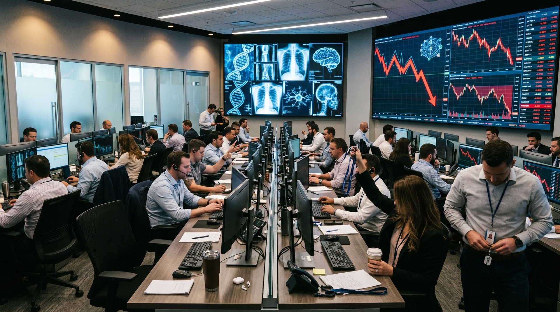 Abstract AI neural networks glitch over medical icons and falling crypto charts in cyberpunk style