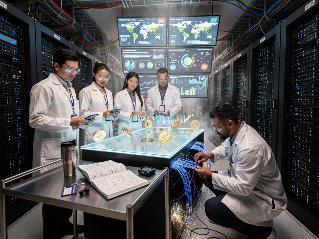 High-security data center with server racks, blockchain monitors, and technicians during crypto regulation audit