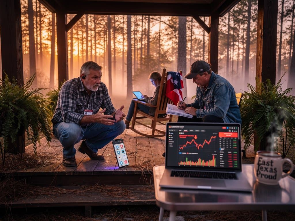 Rural East Texas farmer on porch views AI voter outreach app and BTC chart amid cybersecurity alerts
