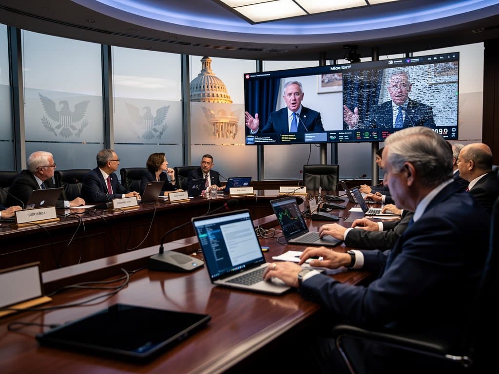 Senate briefing room with lawmakers reviewing deepfake detection on screens amid AI policy documents
