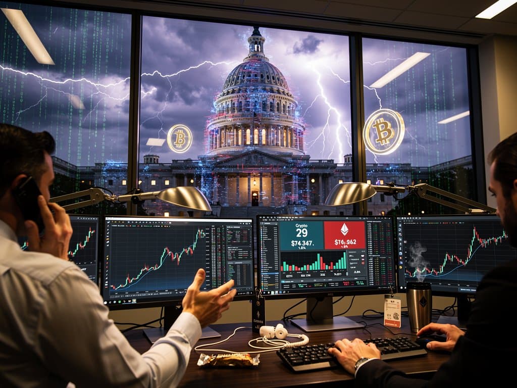 U.S. Capitol with holographic deepfake overlays and plunging crypto charts showing Fear & Greed Index at 29 in cyberpunk style