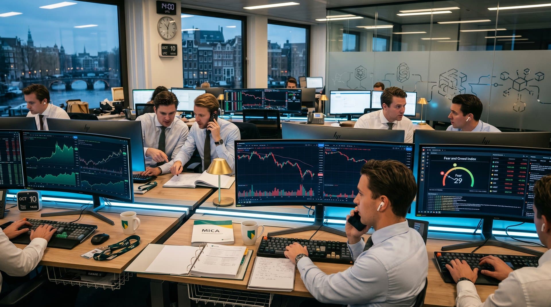 Modern bank trading floor with multi-screen crypto charts showing Bitcoin at $74,518 and Fear & Greed Index
