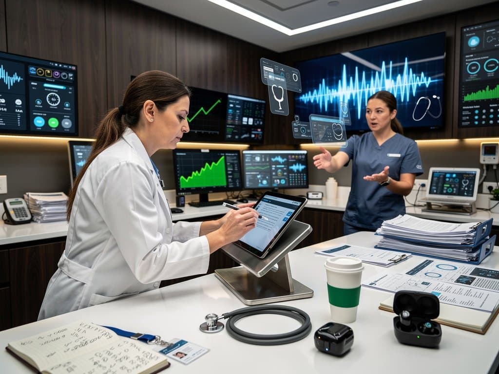 Abstract clinic scene with AI scribe interface showing notes, waveforms, and revenue graphs on tablet and screens