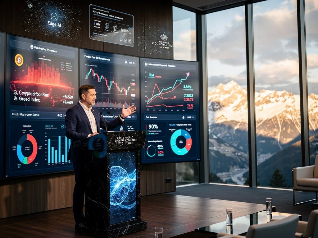 AI Governance Summit podium with Fear & Greed Index at 29, BTC drop charts, fintech workforce visuals, blurred executives, alpine views