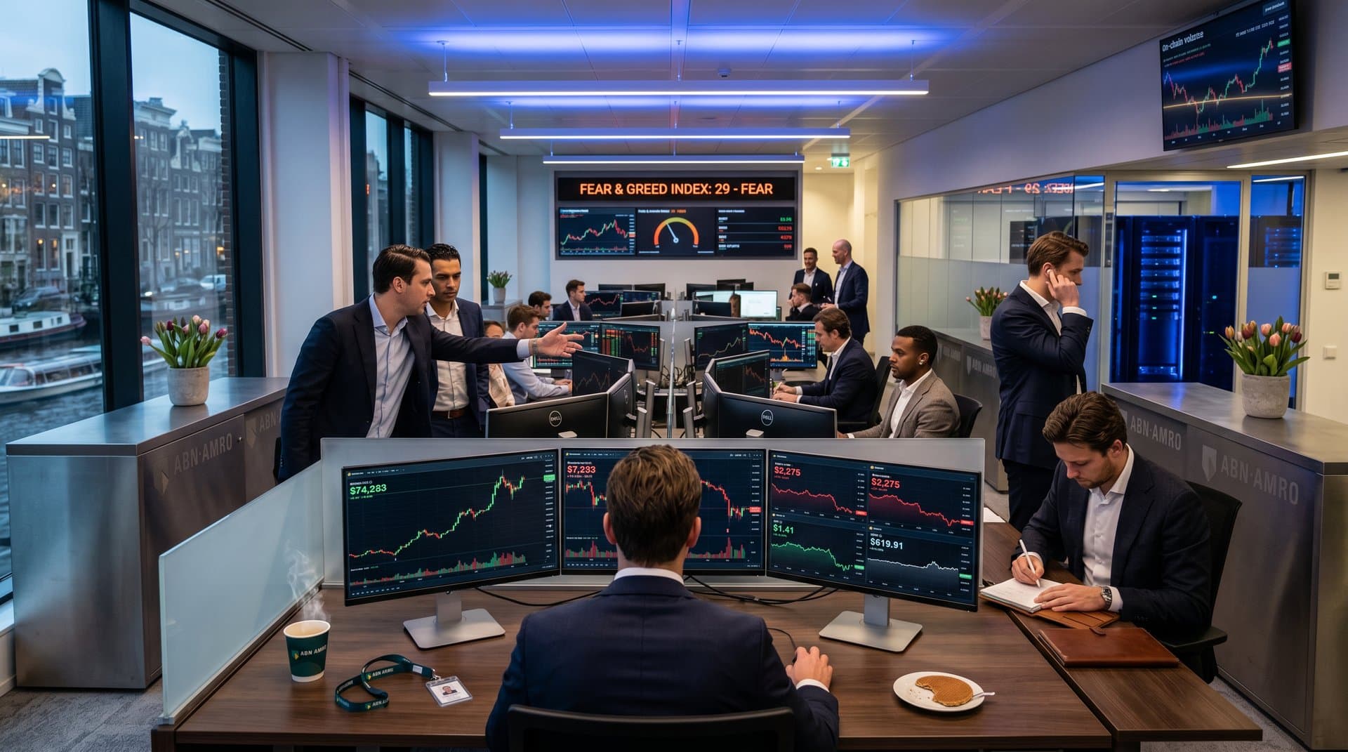 ABN AMRO trading floor with BTC $74K charts and Fear Index display