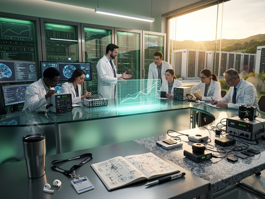 Futuristic AI lab with monitors showing code, neural networks, and holographic safety graphs under modern lighting