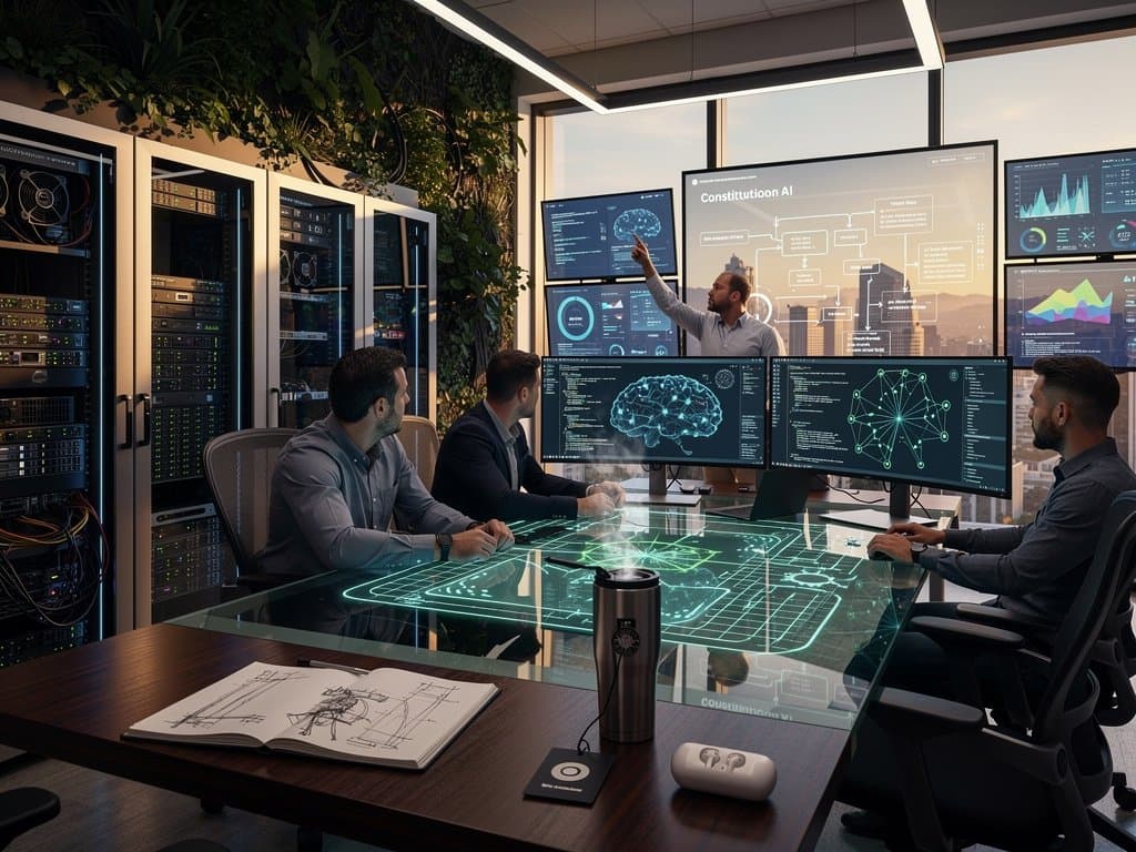 Monitors display Claude 3.5 system prompt code and AI safety graphs in modern tech office with servers and Bay Area view