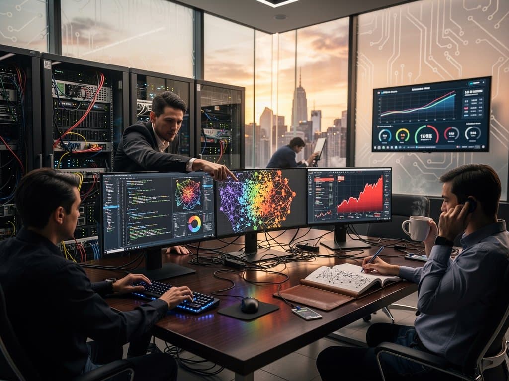 Abstract AI safety lab with monitors showing prompts, neural graphs, server rack, and Anthropic-branded elements in high-tech environment