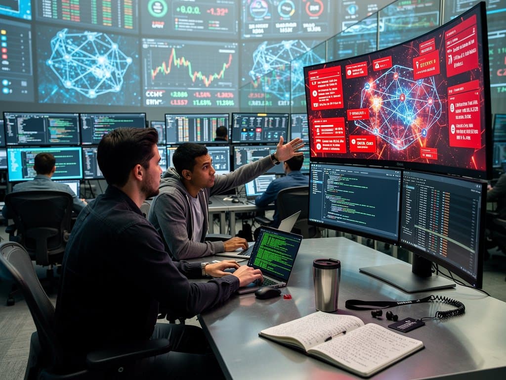 Cyber breach visualization: glitching AI networks, red alerts on cloud servers, dropping crypto charts, and Fear & Greed Index at 29 in neon cyberpunk style