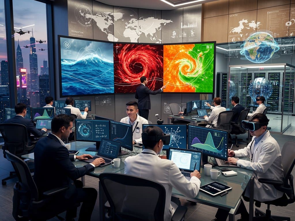 AI lab with screens showing climate risk simulations and cyber threat networks amid collaborative teams and tech setups