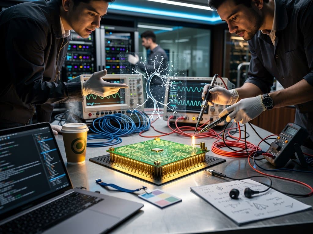 AI chip prototype on workbench amid lab equipment and server racks symbolizing Marvell-Google innovation