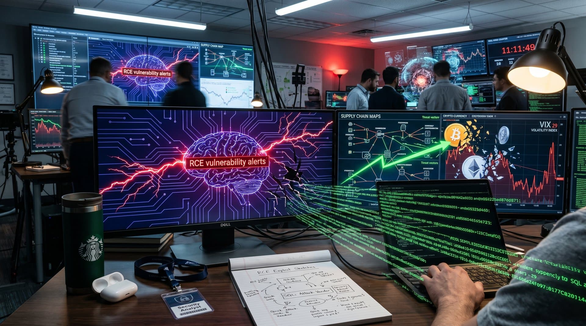 Abstract cyber visualization of AI neural network vulnerability with crypto charts and fear index in cyberpunk style