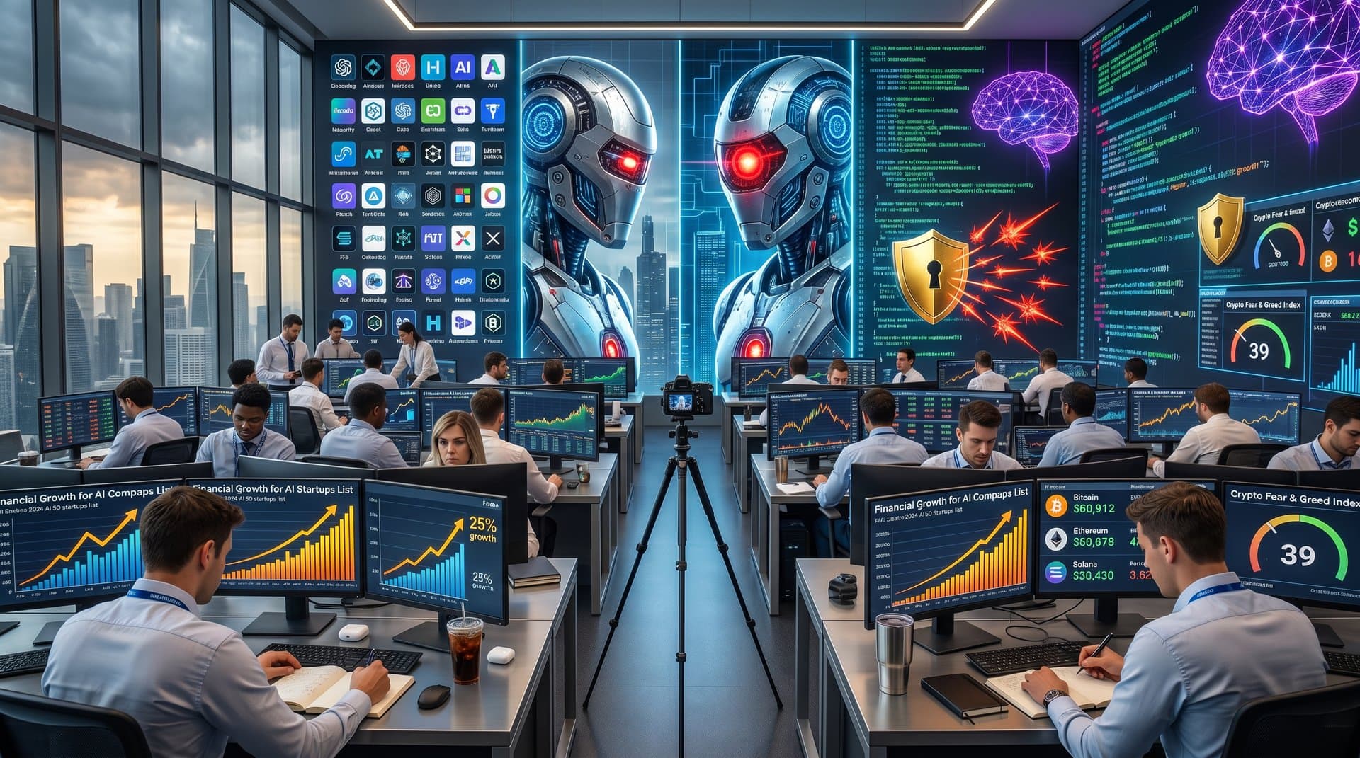 Holographic AI underdog icons challenging Big Tech in a neon-lit digital arena with code streams and fintech visuals