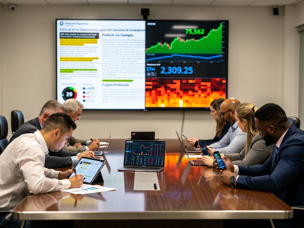 Educators review Mahomet-Seymour AI Guidebook and crypto charts in modern boardroom with gadgets and fintech visuals