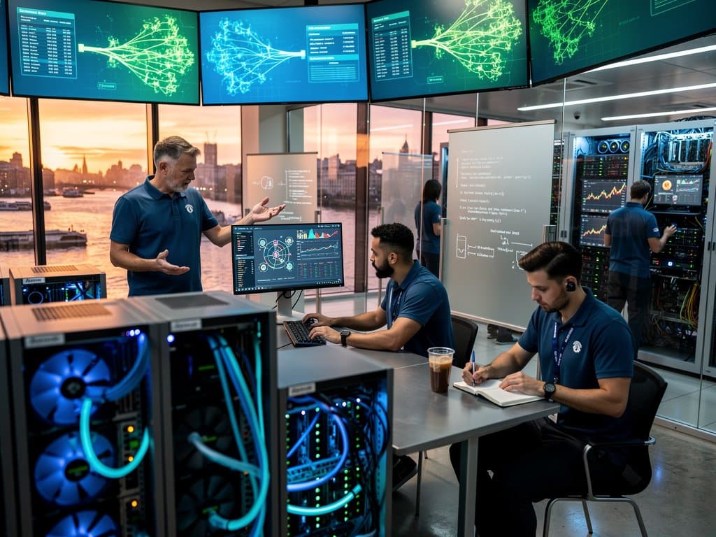 Futuristic data center with agentic AI diagrams on video walls, glowing server racks, and monitors showing AI stocks and crypto charts