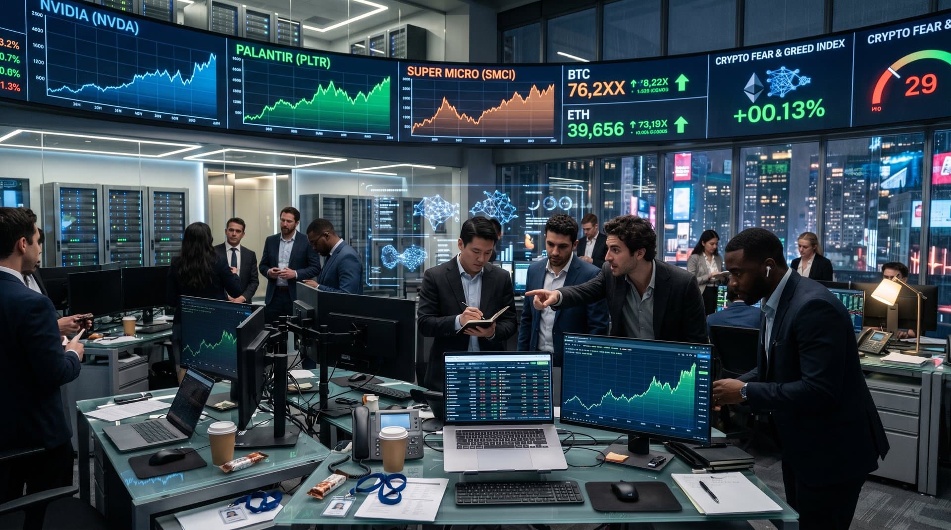 Traders monitor AI stocks watchlist and crypto charts including BTC at $76K on high-tech screens in modern trading room (98 characters)