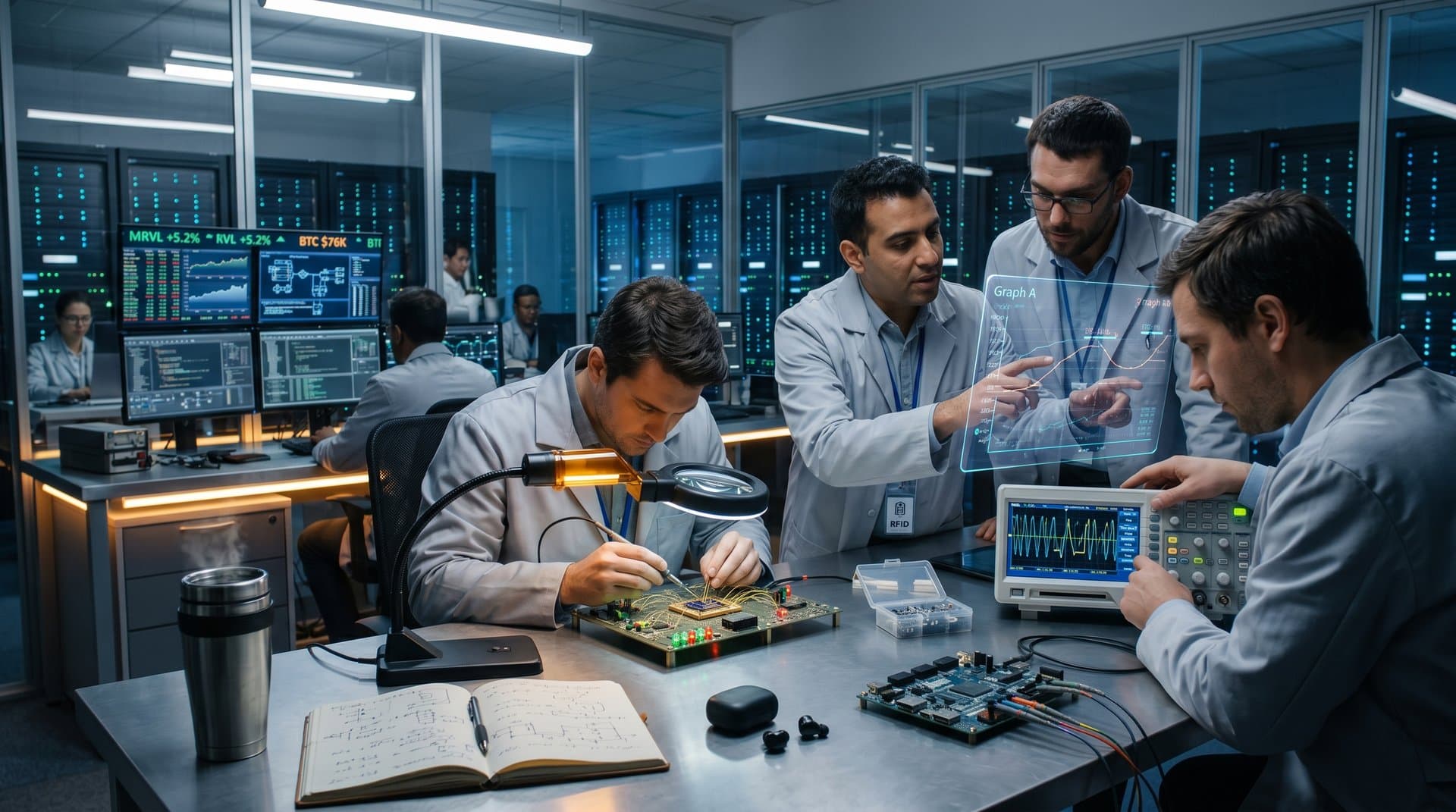 Glowing custom AI chips and neural network diagrams on lab workbench amid server lights