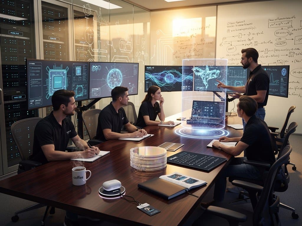 Modern AI research lab with monitors showing chip designs, prototypes, server racks, and tech workspace elements