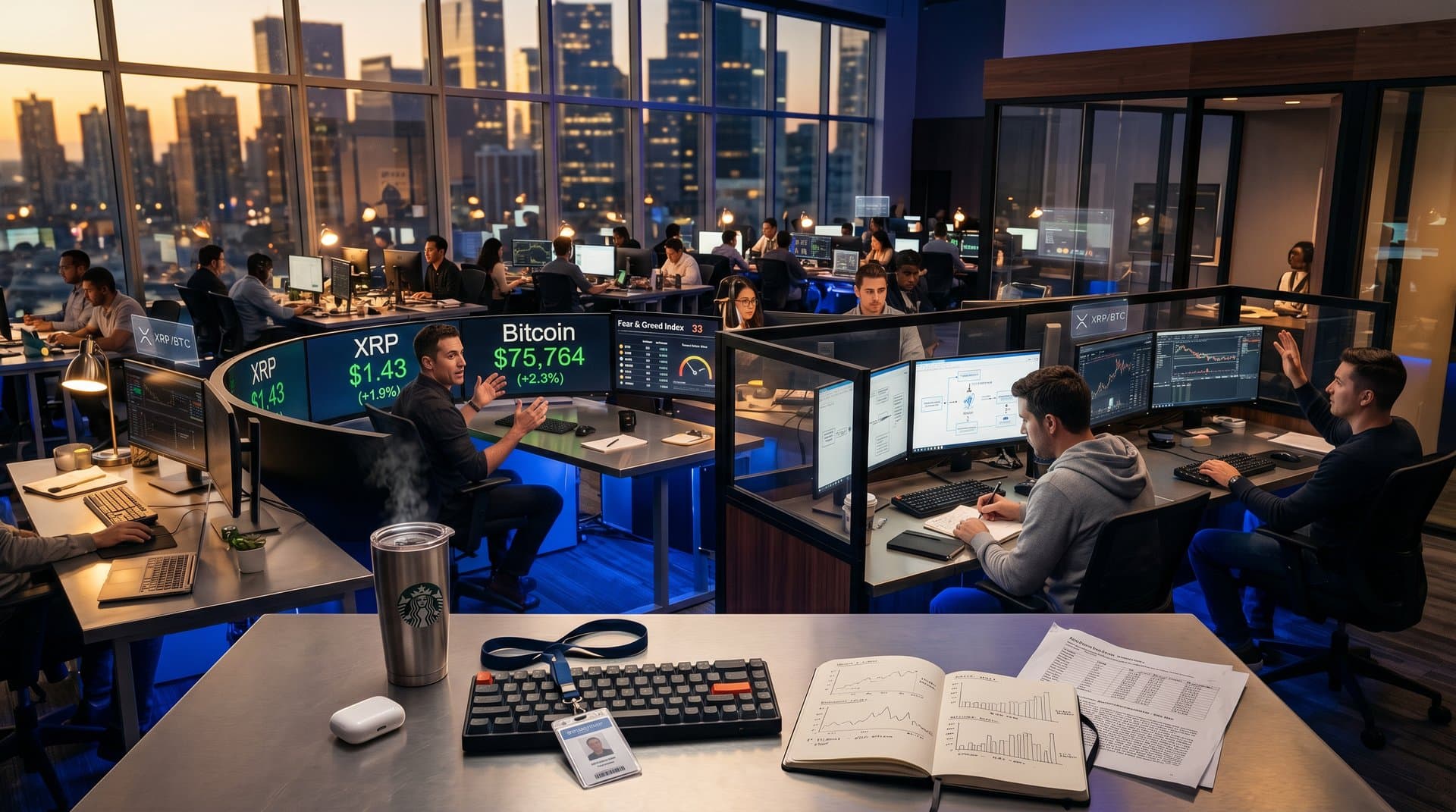 Trading screens show XRP $1.43 outperforming Bitcoin $75,764 with Fear & Greed at 33 in modern finance office