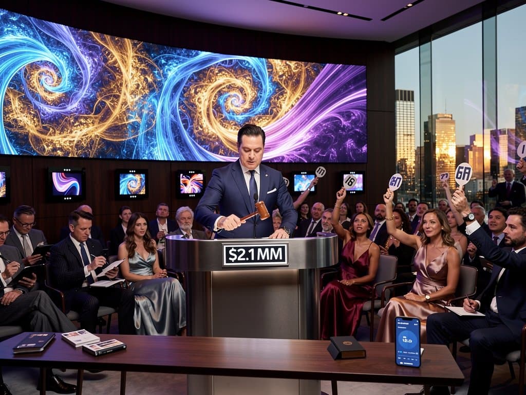 Dynamic auction room with bidders eyeing AI-generated abstract art on screen amid blockchain provenance checks