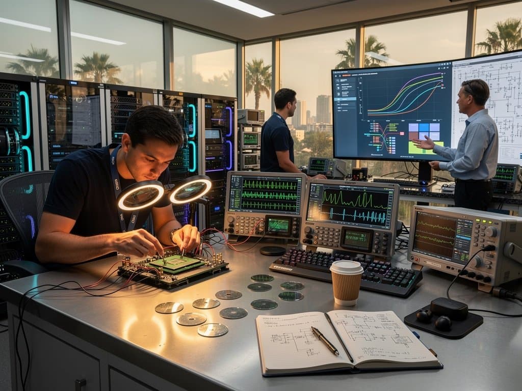 AI chip prototypes on workbench with monitors showing neural networks and server racks in high-tech lab