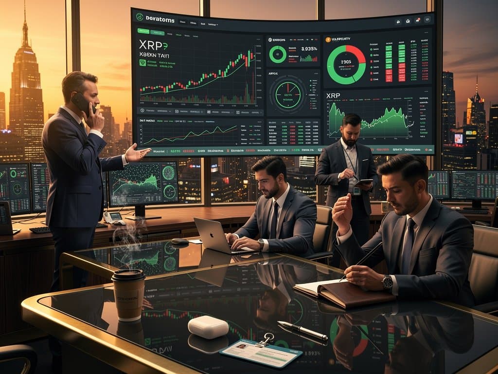 Trading floor analysts monitor crypto charts including XRP at $1.42 and Fear & Greed at 33 on multi-screens in modern office