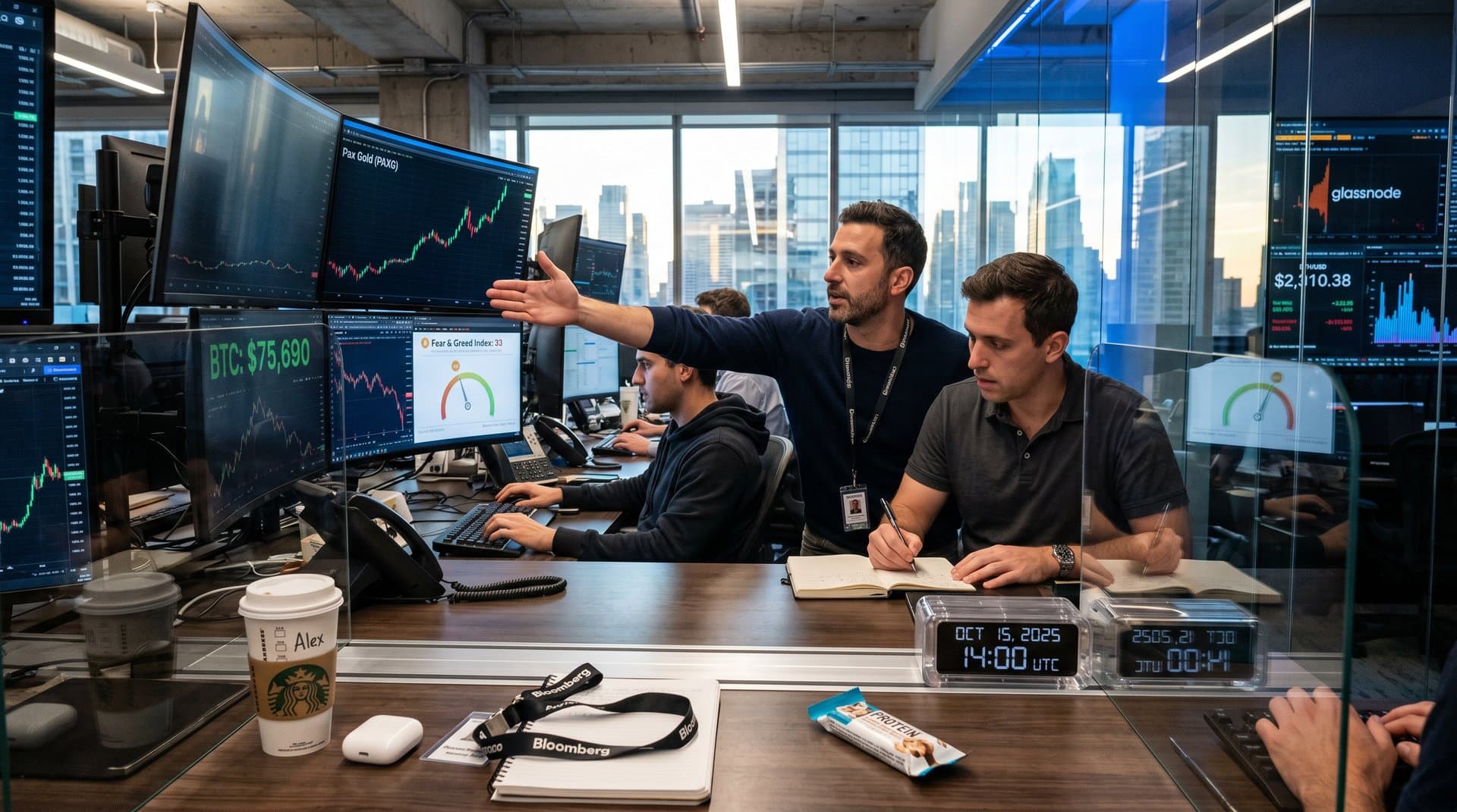 Trading floor screens show Bitcoin at $75,690, gold charts, Fear & Greed at 33 amid analysts reviewing crypto hedge data