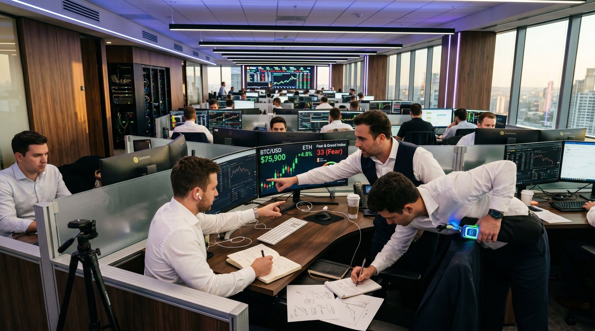 Trading screens show Bitcoin at $75k, Fear & Greed Index at 33, and crypto charts on fintech floor