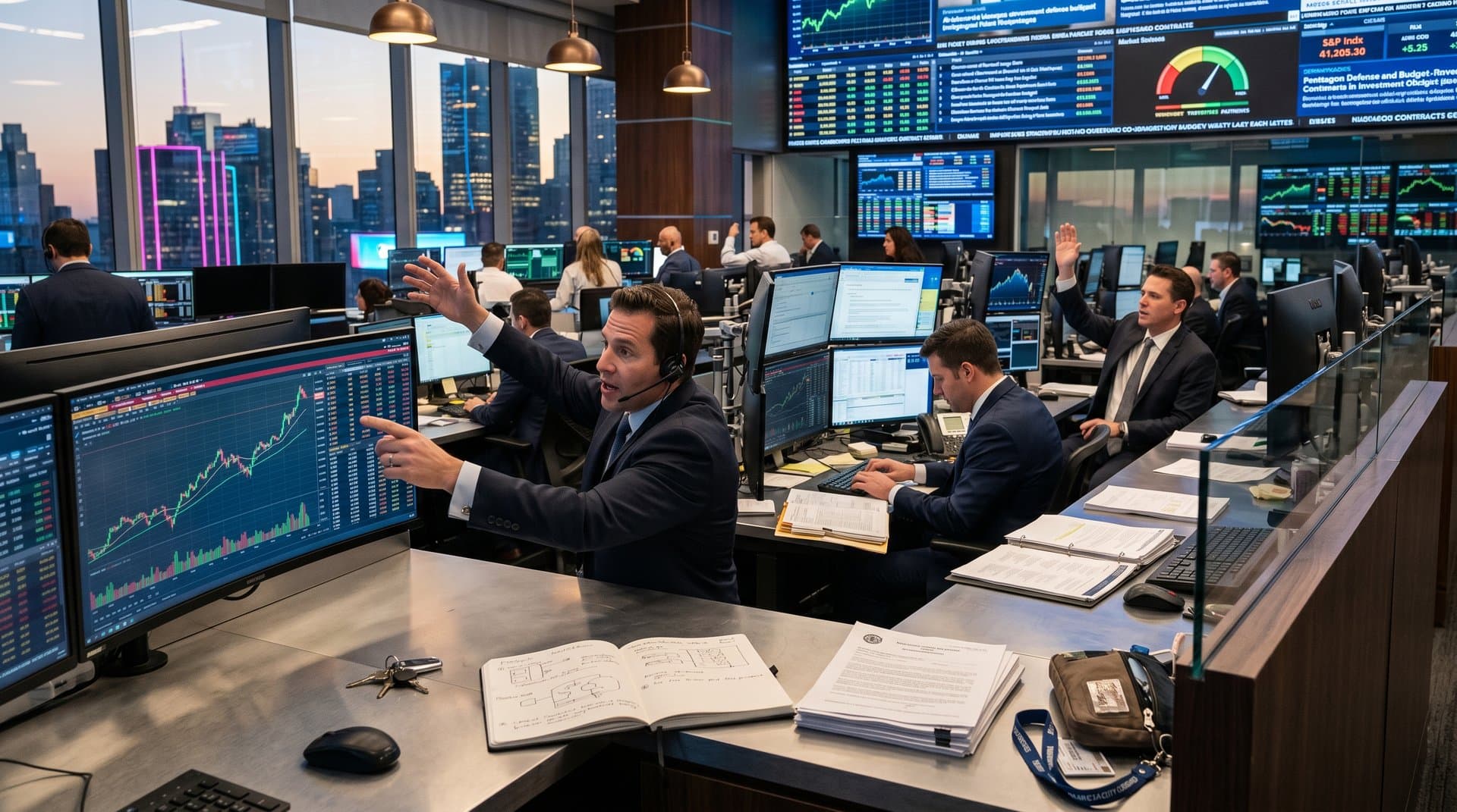 Trading desks with Palantir charts, Pentagon AI budget news on Bloomberg terminals in modern finance environment